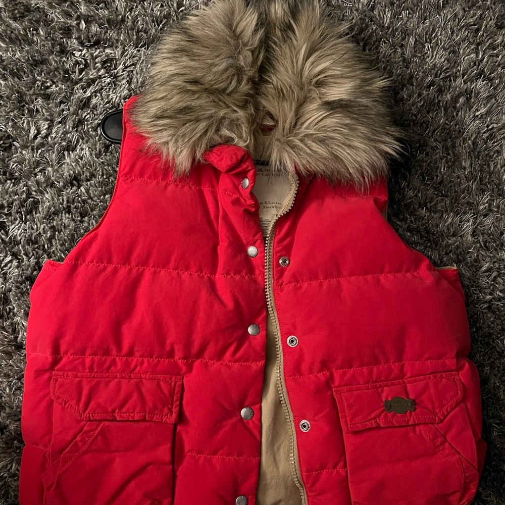 Beautiful Red RL vest, with fur on the collar which fur is removable.